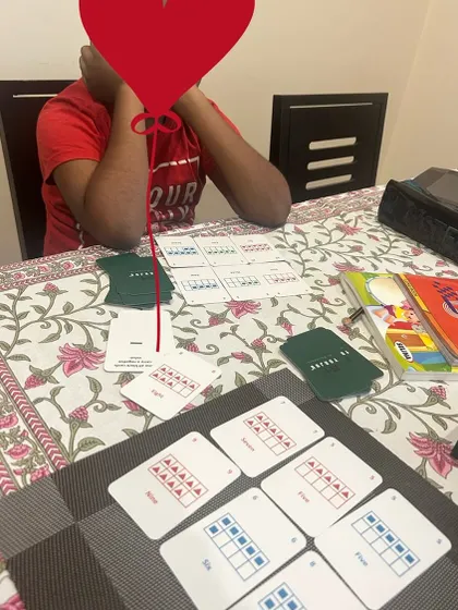 Here's a glimpse of an advanced game of Yonjuu in progress, complete with trump cards. This level of play introduces negative numbers and requires players to constantly adapt their strategy, making it a great challenge for older kids and adults.