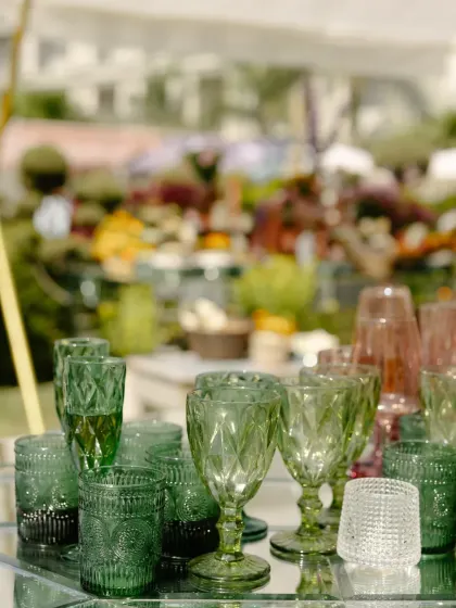 A close-up of the colorful glassware used at the Mehendi bar, adding another layer of vibrancy and detail to the event.
