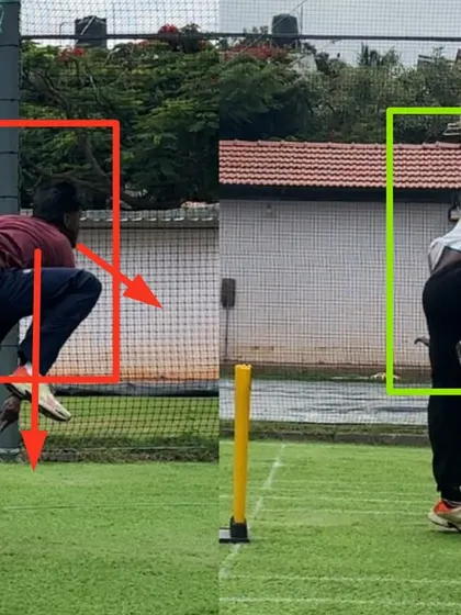 This before and after shot highlights the correction of a collapsing body. The 'after' image shows a powerful, upright finish with energy directed towards the target, a result of our targeted action fine-tuning.