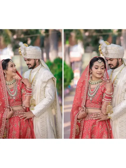 Capturing the joy and tradition of the wedding day. This couple shares a natural, happy moment in their beautiful wedding attire, showcasing vibrant colours and genuine smiles.