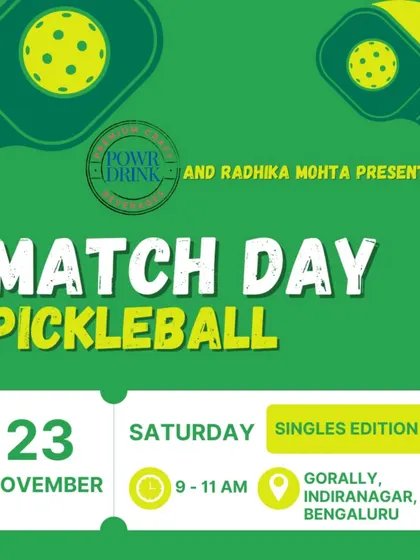 Match Day Pickleball, singles edition. If you've ever wished you could meet someone organically while playing a sport, this is your chance. Join us in Indiranagar for a morning of fun.