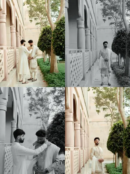 A collage showing the groom getting ready, with help from his family. We capture these important moments of bonding and tradition.