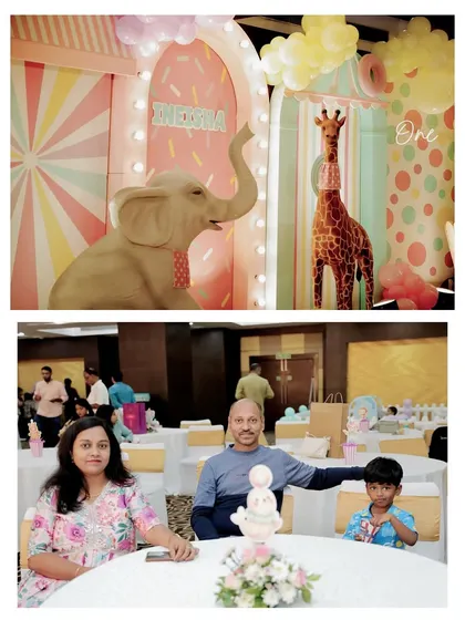 A duplicate image of the pastel carnival decor and a happy family at the event.