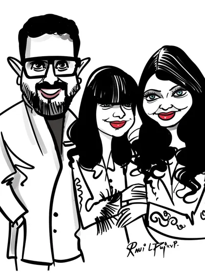 A black and white family caricature of Abhishek Bachchan, Aishwarya Rai Bachchan, and their daughter Aaradhya. It's a simple sketch that aims to capture the warmth of their family bond.