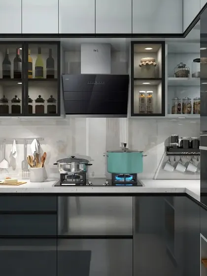 A duplicate of ID 129, focusing on the cooking area with its sleek hob and chimney.