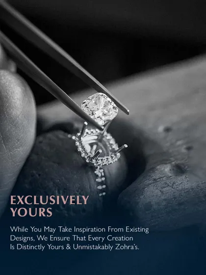 Exclusively yours. While you may take inspiration from existing designs, I ensure that every creation is distinctly yours and unmistakably Zohra's. Here, a diamond is being set into a halo ring, a step towards making a unique piece.
