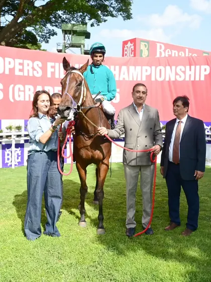 Bishop, with jockey A. Prakash, after winning The S.G. Madhukar Memorial Trophy.