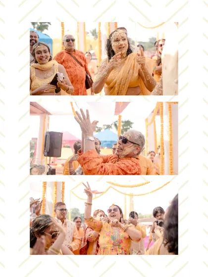 A collage of the guests' reactions and participation during the Haldi ceremony. It shows that the fun is shared by everyone.
