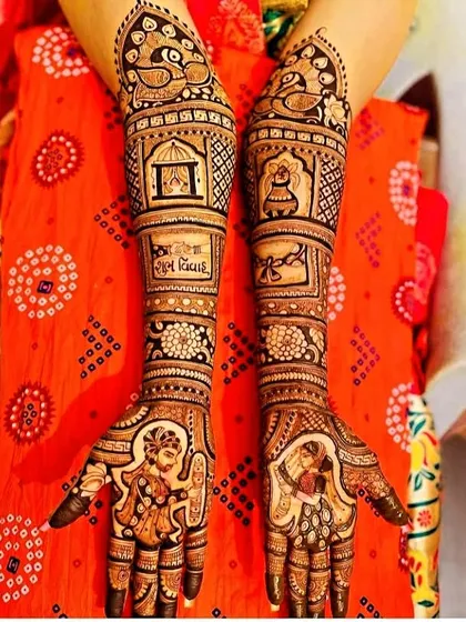 Bridal portraits are a beautiful way to personalize your wedding mehandi. Here, the bride and groom figures are incorporated into a full, traditional Rajasthani design.