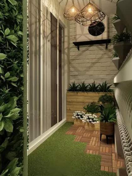 This narrow balcony is made to feel lush with a combination of artificial turf flooring and a full-height vertical garden. Wooden planters add a natural touch to this compact green space.