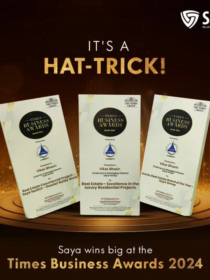 A hat-trick at the Times Business Awards 2024. This image proudly displays the three prestigious awards we won, recognizing our excellence in commercial projects, luxury residential projects, and as an iconic real estate brand.