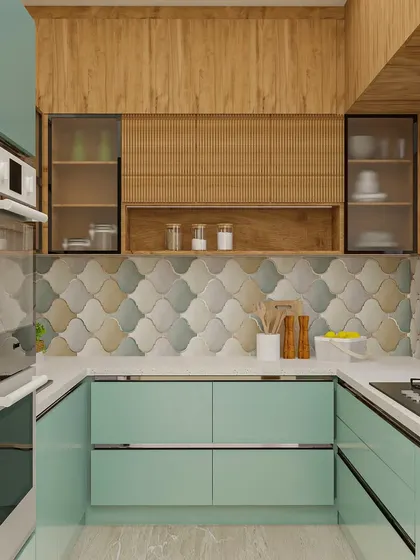 This kitchen brings the 'Turquoise Treasure' mood board to life, with turquoise cabinets, wooden upper units, and beautiful fish-scale tiles.