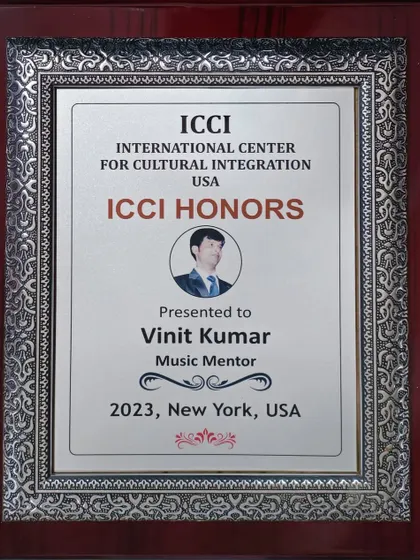 I am deeply humbled to have been awarded the title of 'Music Mentor' by the International Centre for Cultural Integration, New York, USA. This achievement is dedicated to my students, parents, Guru, and everyone who has supported my journey.