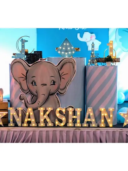 Another view of the marquee letters and themed pedestals for Nakshan's party.