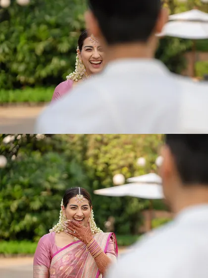 The bride's reaction during the first look is priceless. My job is to make sure her attire looks perfect for these unforgettable photo opportunities, with every detail of the saree drape contributing to the beautiful picture.