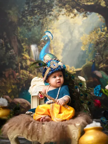 A curious little Krishna with his flute, set against a backdrop of a lush forest and majestic peacocks.