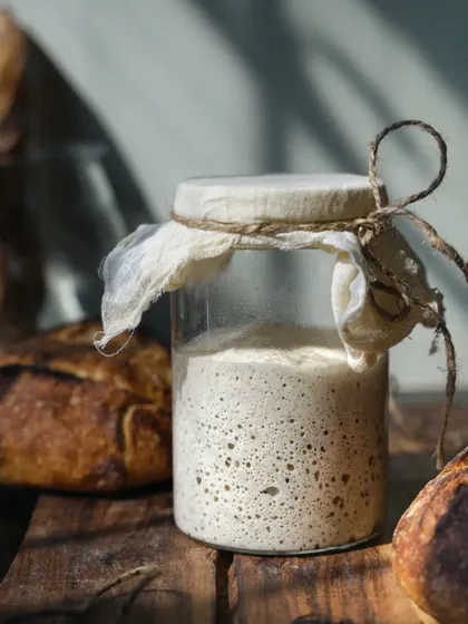 A shot of a lively sourdough starter, bubbling and active in a glass jar. The backlighting beautifully highlights its texture and life.