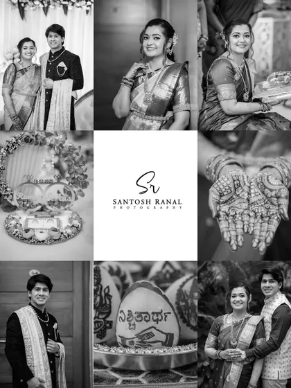A beautiful black and white collage showcasing various key moments of an engagement ceremony, from couple portraits to details like the rings and henna.