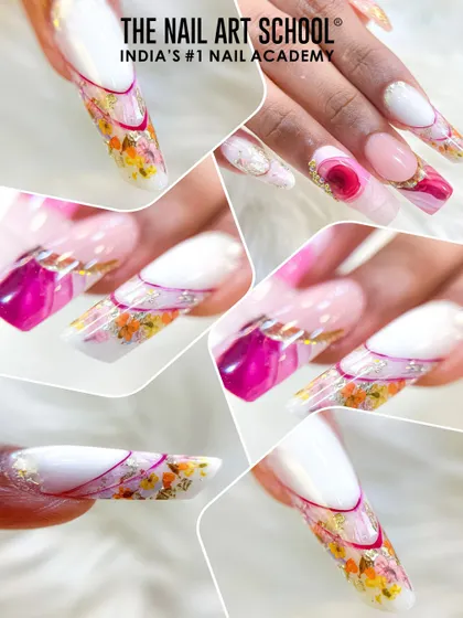 A collage showcasing the different angles and details of this complex, multi-technique nail art set, a testament to the skills taught in our advanced courses.