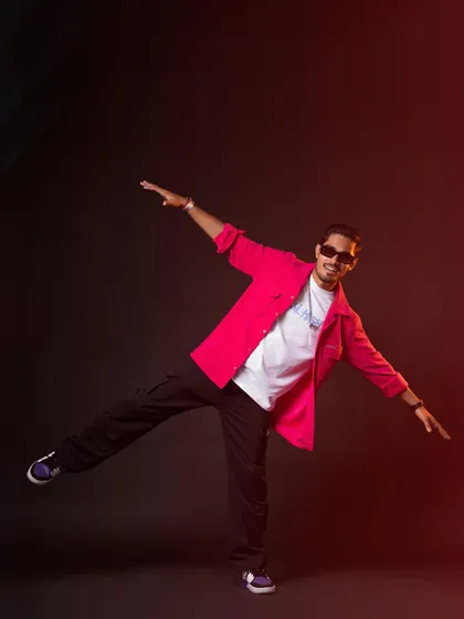 It was super fun styling YouTuber Amit Sharma, "The Indian Unboxer." We created a range of cool, casual looks, including this one with a vibrant patchwork jacket, reflecting his energetic personality.
