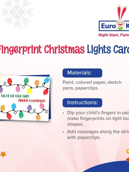 Light up someone's day with a fingerprint Christmas lights card. This adorable idea uses your child's fingerprints to create colorful light bulbs, making for a unique and personal holiday greeting.