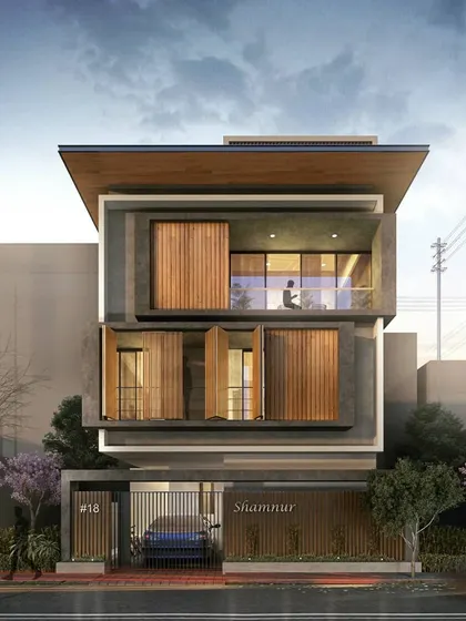 A photorealistic render created for the 'Ananthaksha' residence, visualizing the final design with its signature wooden shutters and material palette before construction.