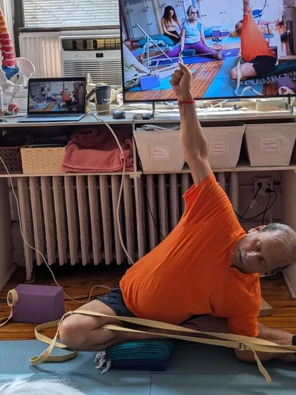 Additional images from my personal practice and teaching sessions, demonstrating a wide variety of asanas and the use of props. Each photo shows a moment of exploration in the journey of yoga.