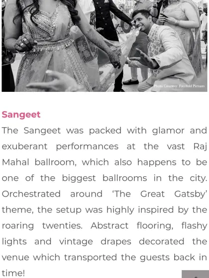 A glimpse into a 'Great Gatsby' themed sangeet we choreographed, as featured in an article. The event was packed with glamour and exuberant performances in one of the city's biggest ballrooms.