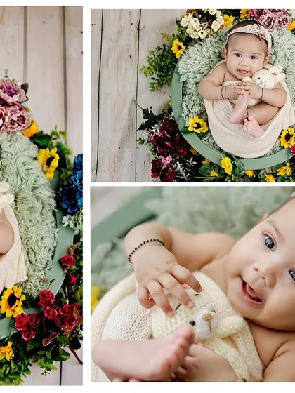 A collage of a baby girl in a floral wreath prop. This shows different angles and expressions from a single setup, highlighting the variety captured during a newborn session.