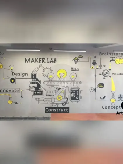 A "Maker Lab" infographic mural for an innovation hub in Gwalior. This doodle art visually explains the creative process from idea to construction, making it perfect for a collaborative workspace.