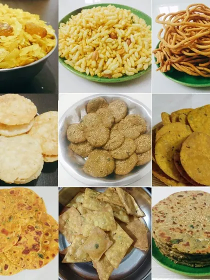A glimpse into the range of my homemade dry snacks and namkeens. This includes everything from roasted Poha Chivda and crispy Farsi Puri to savory Bajra Vada and different types of Thepla.