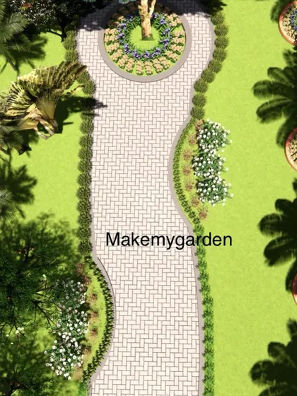 An overhead 3D rendering of the curved pathway design. It shows the paver path flanked by hedges and colorful flower beds, leading to a circular feature around a tree.