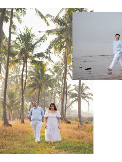 A collage from a pre-wedding shoot, showing the couple walking through a palm grove and along the beach, capturing the calm and natural beauty of the location.