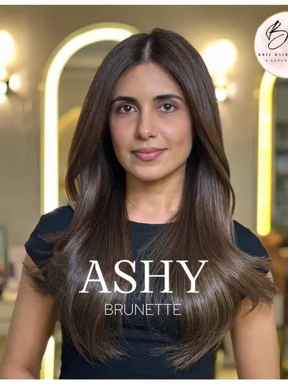 Ashy Brunette. The name says it all. This is a perfect example of a cool, elegant, and polished hair color transformation.
