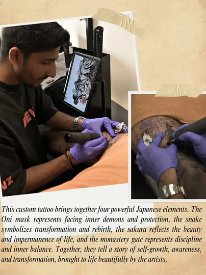 "This custom tattoo brings together four powerful Japanese elements... they tell a story of self-growth, awareness, and transformation." The client explains the deep meaning behind his sleeve.
