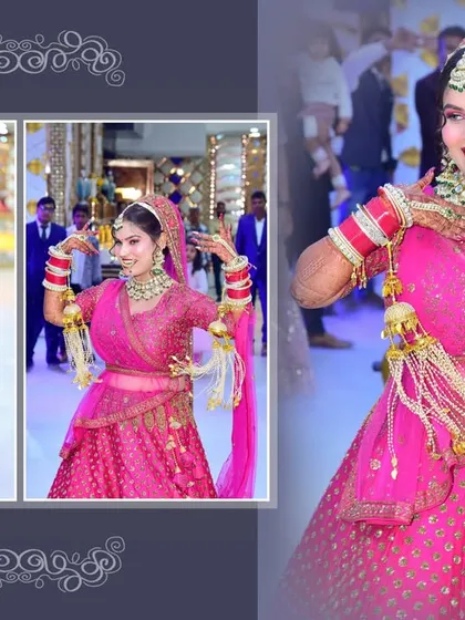 A playful album page design showing the bride in various poses, capturing her personality.