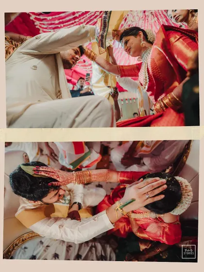 A collage of key moments from a South Indian wedding ceremony, capturing the tying of the Thali and other important rituals.