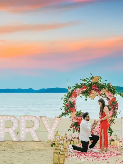 A breathtaking sunset proposal on a Goan beach. We help plan and capture these once-in-a-lifetime moments, turning them into timeless memories.