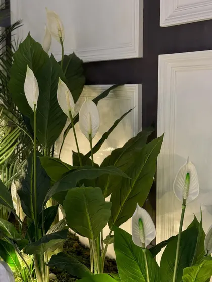 A close-up of the artificial Peace Lilies used in the installation. We select high-quality faux plants that look incredibly realistic, ensuring lasting beauty without any maintenance.