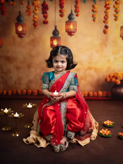 Holding a diya, she looks right at the camera with a gentle smile. This is a classic Diwali portrait that families will treasure.
