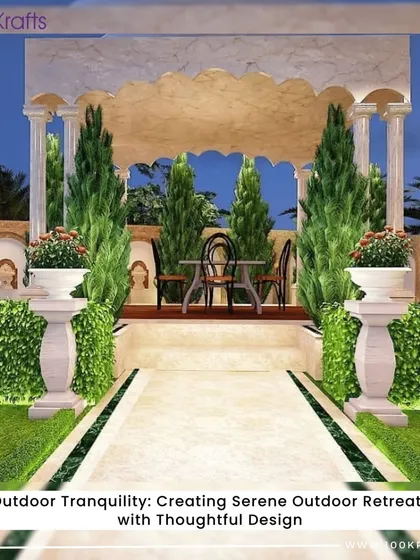Outdoor tranquility is achieved with thoughtful design. This concept shows a serene outdoor retreat with classical pillars, lush greenery, and a cozy seating area, creating a timeless and elegant escape.