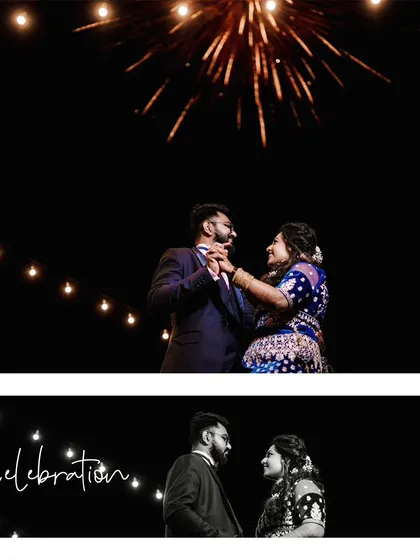 A collage capturing the celebration, with the couple dancing under fireworks and sharing an intimate moment.