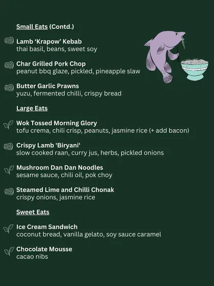 The large eats and dessert menu from Grumps, Goa, featuring items like Crispy Lamb 'Biryani' and an Ice Cream Sandwich with soy sauce caramel.