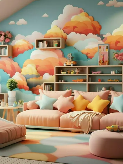 A duplicate of media 184, this beautiful cloud-themed playroom shows how wallpaper can define the entire mood of a space, making it feel soft and imaginative.