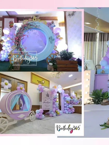 Details from the Cinderella party, including a beautiful mirror backdrop and a miniature princess carriage prop.