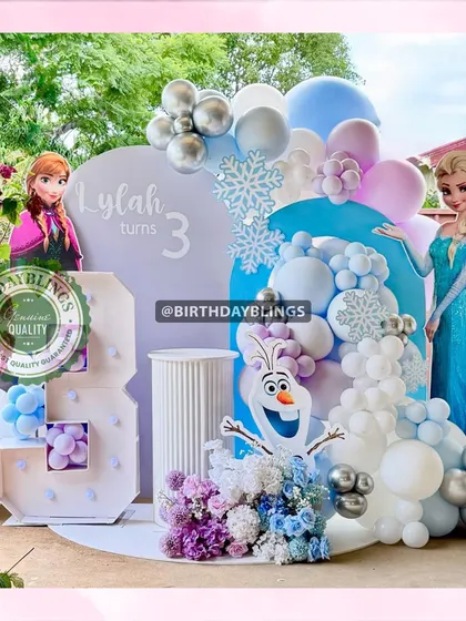 An outdoor Frozen-themed party that feels like a winter wonderland. I used cutouts of Elsa, Anna, and Olaf, along with snowflake details and a beautiful balloon arch in icy blues, purples, and whites.
