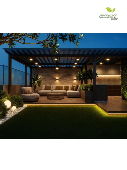 An example of our nightscape design for a rooftop. The scene features layered lighting, including uplights for plants and under-seating LEDs, creating a warm and sophisticated atmosphere on the artificial lawn and deck.