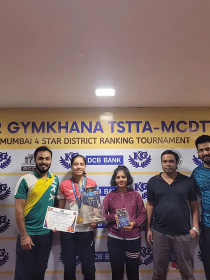 Our team celebrating Ananya Chande's U-19 title win at the 4-Star District Ranking Tournament at Khar Gymkhana. Her victory was the result of a stellar performance.