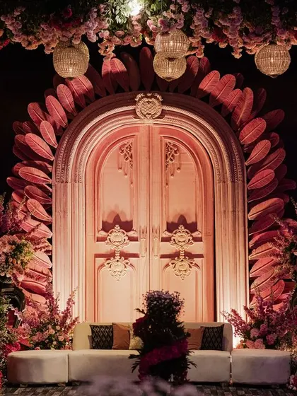 A close-up of the grand pink doorway, a stunning architectural feature that served as a major focal point and photo opportunity.
