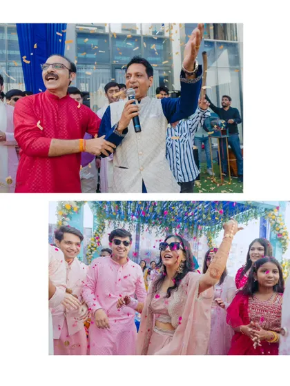 Two joyous moments from a haldi ceremony. The top shows the father of the bride celebrating, while the bottom captures the bride dancing with friends under a shower of petals.